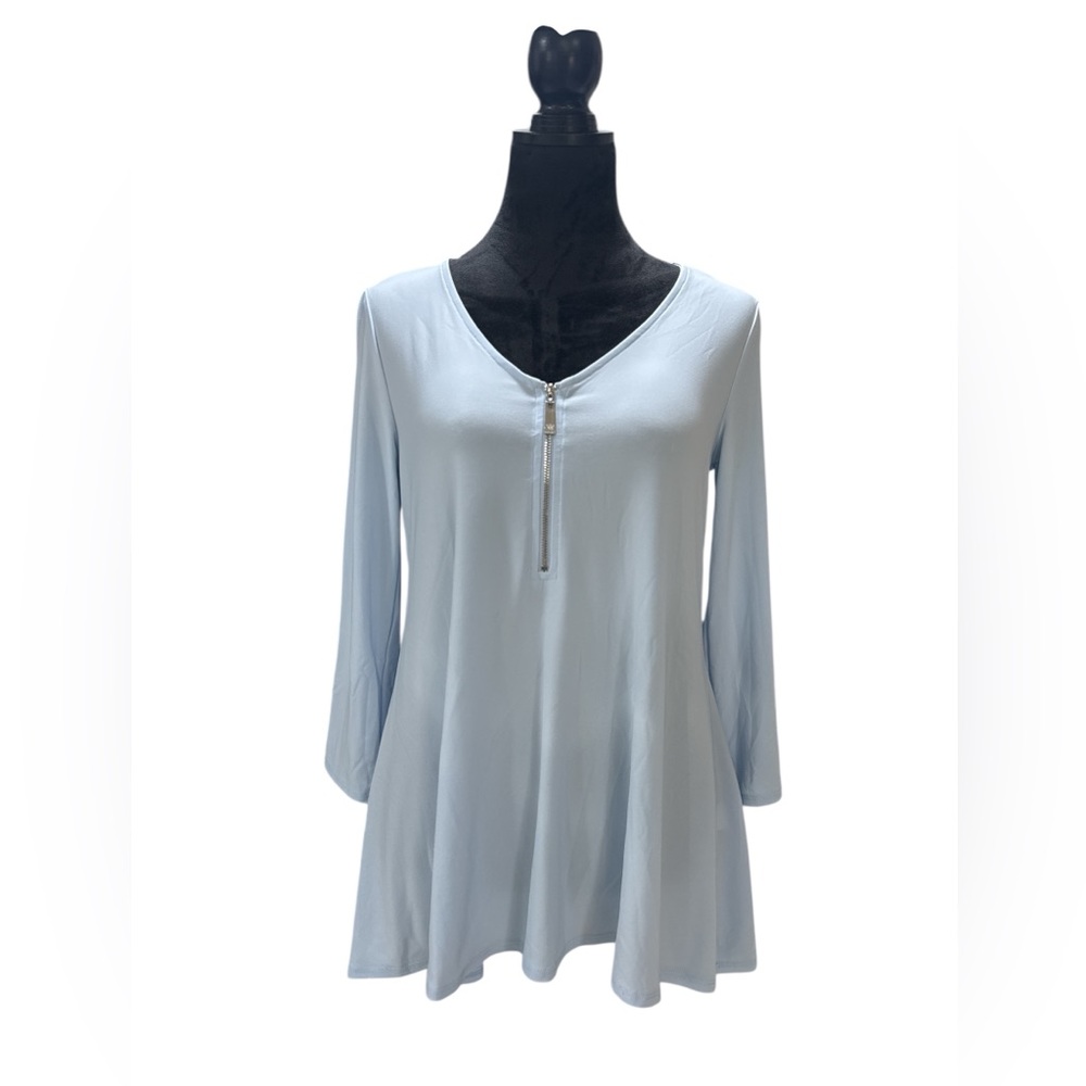 Chaus‎ New York Light Blue Half Zip Tunic Top Slit Sleeve Size Small